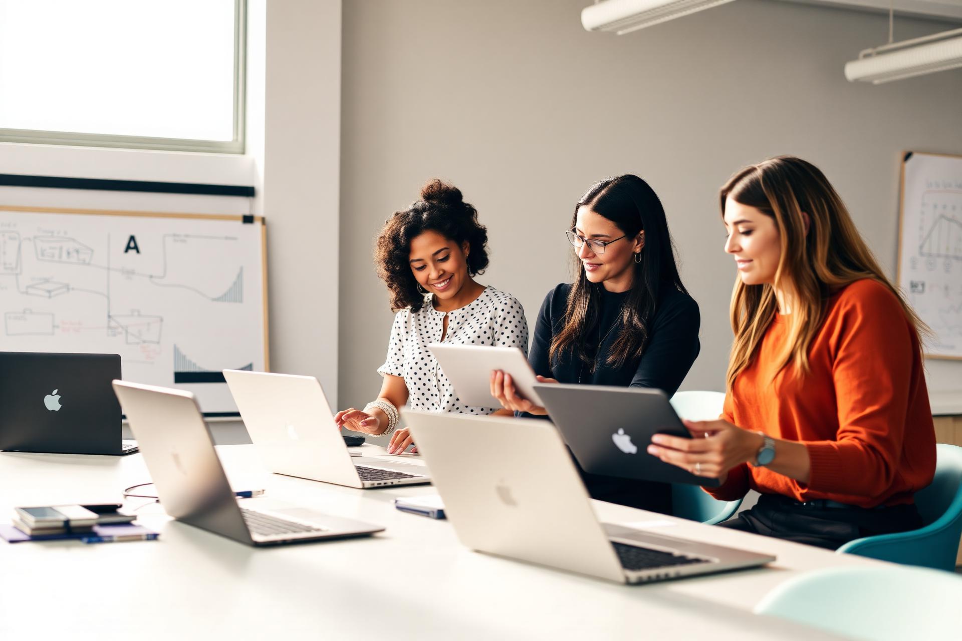 Diverse women collaborating on technology and innovation